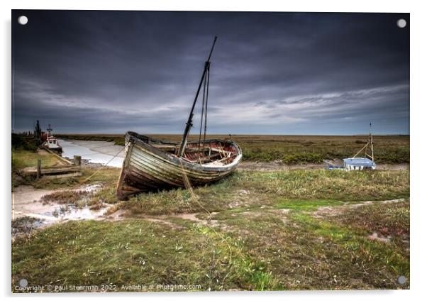 Seascape At Thornham Norfolk UK Showing Harbour And Old Fishing Boat  Picture Acrylic Wall Art in Colour by Paul Stearman