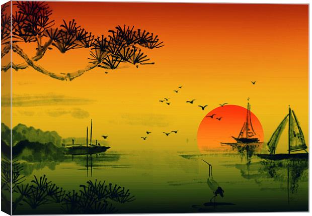 Fishing Boats At Sunset Picture Canvas Wall Art in Colour by