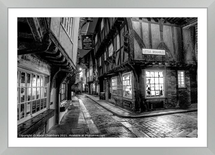 Buy Framed Mounted Prints of York Shambles in Black and White by Alison Chambers