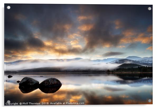 Sunrise over Loch Morlich, 3x2 ratio. Acrylic by Phill Thornton