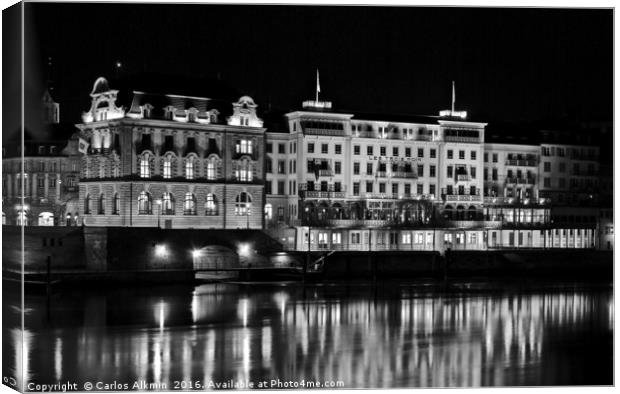 Basel, Switzerland at night - The River Rhine refl Canvas Print by Carlos Alkmin