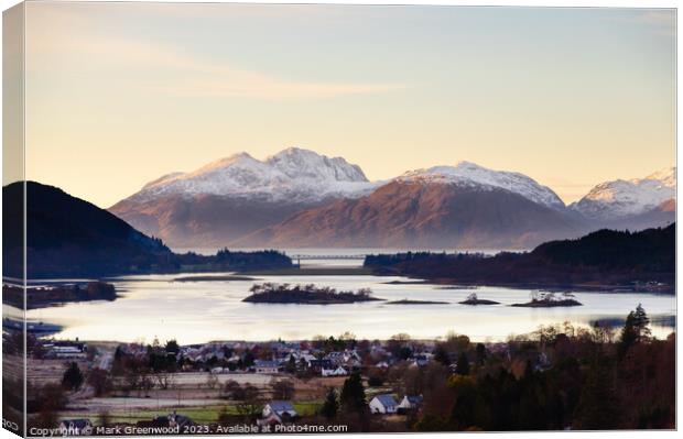 Glencoe Village and The Mountains of Ardgour Canvas Print by Mark Greenwood