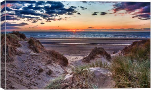 Sunset over Formby Beach through dunes Canvas Print by Steve Heap