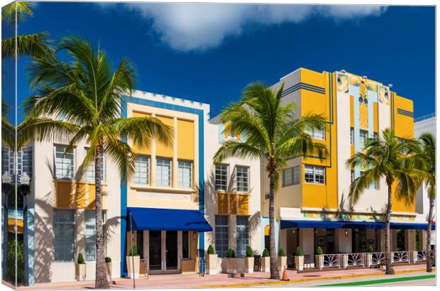 Art Deco district hotels on Ocean Drive, Miami Beach Canvas Print by Alan Hill