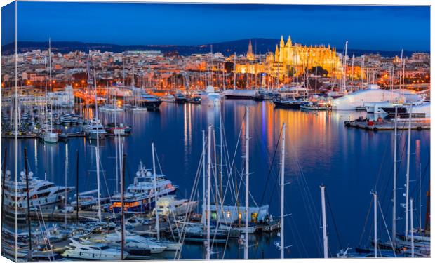 Night view of city Palma de Mallorca with marina p Canvas Print by Alex Winter