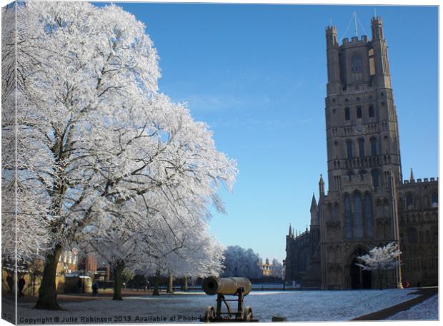 Ely Cathedral in the Snow Canvas Print by Julie Robinson