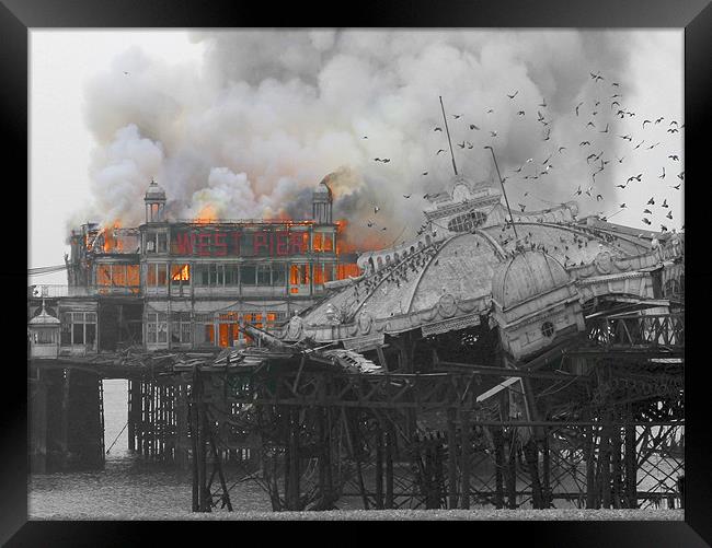 West Pier Fire Framed Print by Terry Busby