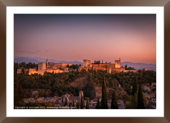 Sundown at The Alhambra Palace - Granada, Spain. Framed Mounted Print by Inca Kala