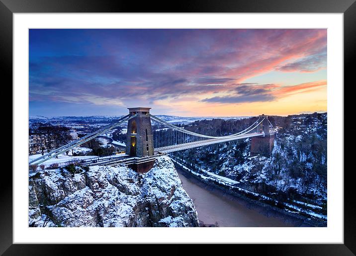 Clifton Bridge, Bristol, UK, Dusk, Winter Framed Mounted Print by Daugirdas Racys