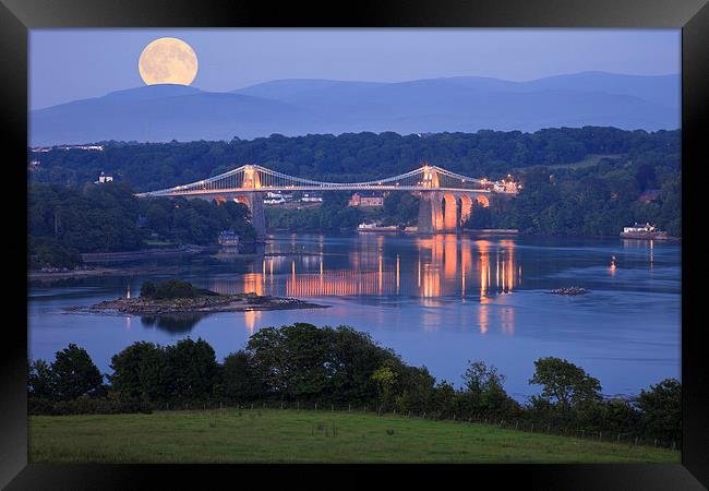 Wales Anglesey Menai Bridge and Full Moon Framed Print by Pearl Bucknall