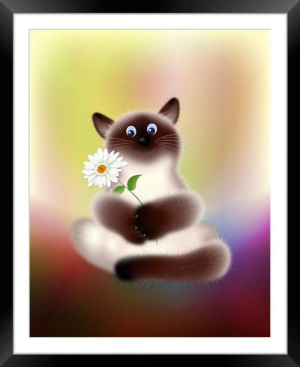 Cat with Flower Cartoon Framed Mounted Print by Lidiya Drabchuk