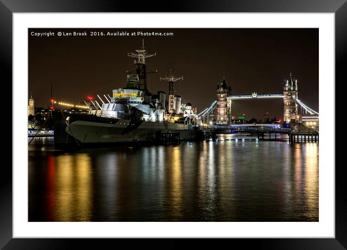 HMS Belfast and Tower Bridge, London Framed Mounted Print by Len Brook
