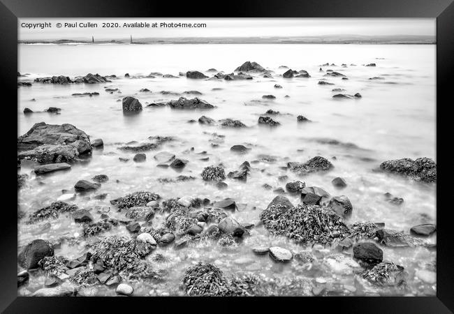 Rocks and Seaweed Uncovered at Lindisfarne - Mono Framed Print by Paul Cullen
