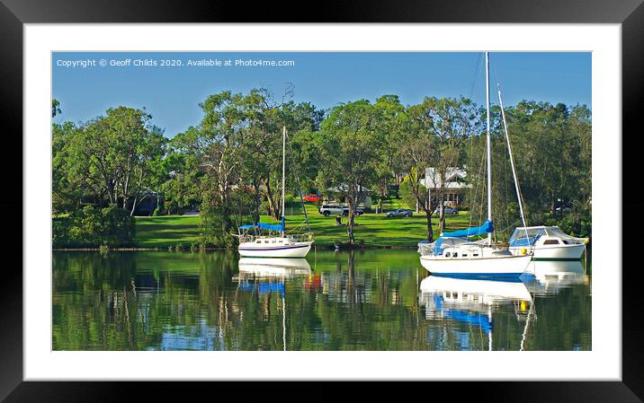 Yachts and green parkland, Lake Macquarie. Framed Mounted Print by Geoff Childs