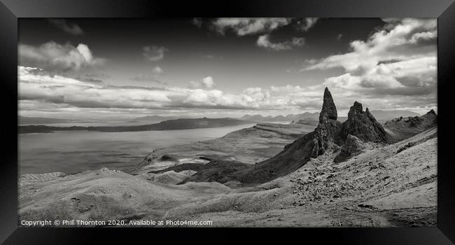 Panoramic view of the Old Man of Storr. B&W. Framed Print by Phill Thornton