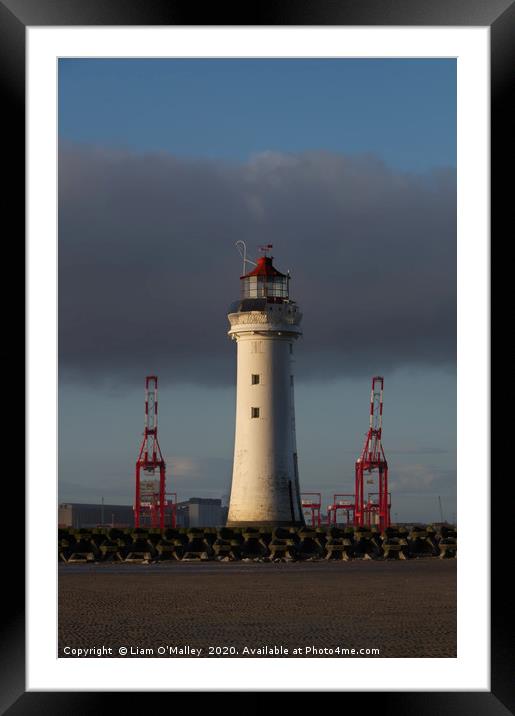 New Brighton Lighthouse and Liverpool Cranes Framed Mounted Print by Liam Neon