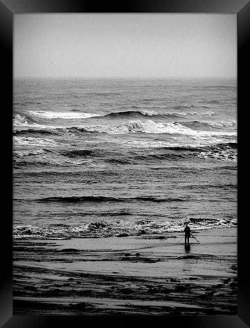 Coast - Lone fisher at Whitley Bay beach.  Framed Print by David Turnbull