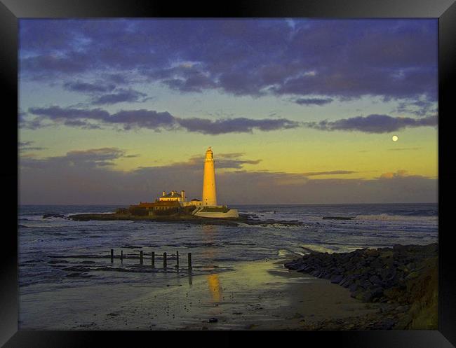 Coast St - Marys Lighthouse sunset moon rise 1  Framed Print by David Turnbull