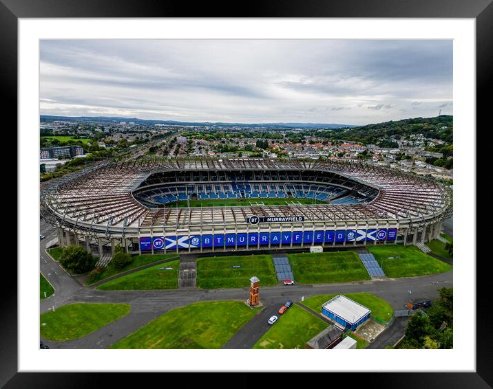 Murrayfield Stadium in Edinburgh - aerial view Framed Mounted Print by Erik Lattwein
