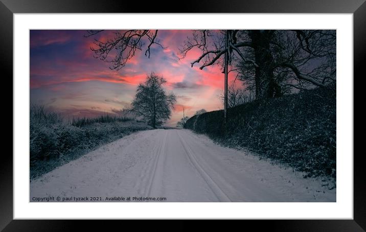 Snow covered lane at Sunset Framed Mounted Print by Paul Tyzack