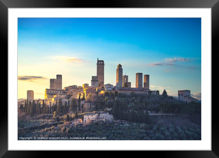 Blue Light over San Gimignano Framed Mounted Print by Stefano Orazzini
