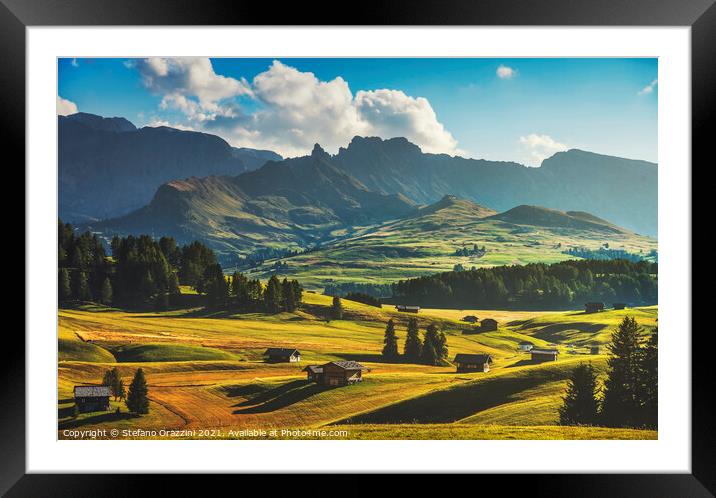 Alpe di Siusi, wooden huts. Dolomites Framed Mounted Print by Stefano Orazzini