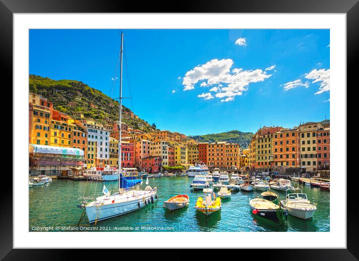 Camogli marina, boats and colorful houses. Ligury Framed Mounted Print by Stefano Orazzini