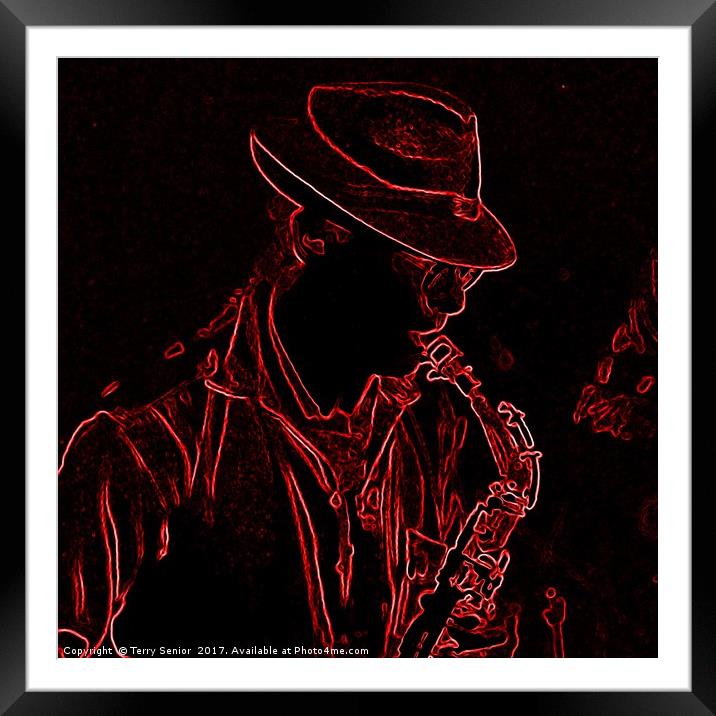Neon Saxophonist Framed Mounted Print by Terry Senior