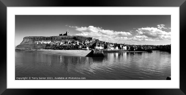 A B&W Panoramic view of Whitby Beach and Harbour Framed Mounted Print by Terry Senior