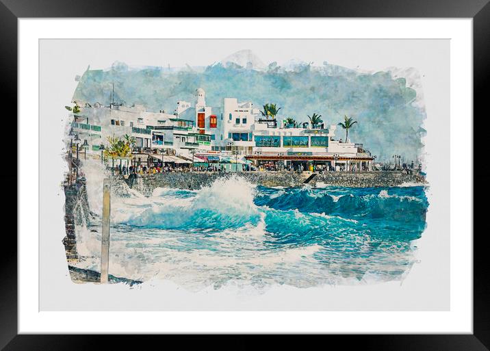 Playa Blanca Lanzarote Watercolour Effect Framed Mounted Print by Gerry Greer