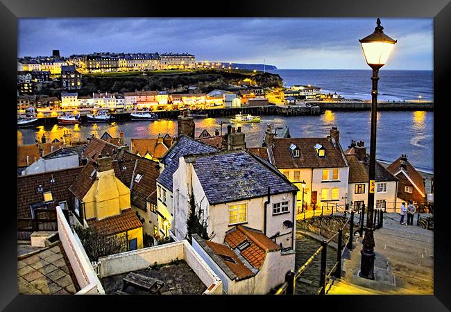 Dusk Glows Over Whitby Town from the 199 Steps Framed Print by Paul M Baxter