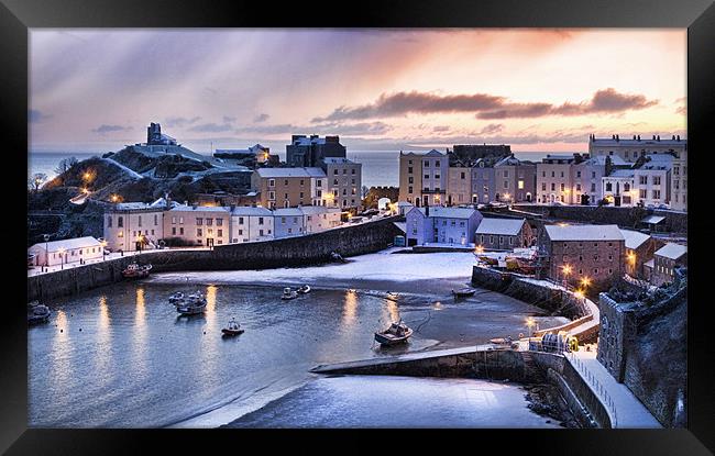 Tenby Harbour in the Snow Framed Print by Ben Fecci