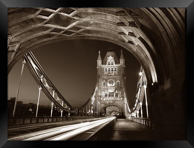 Tower Bridge London at Night, Sepia Toned Framed Print by Darren Galpin