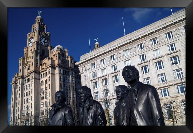 Beatles Statue and Liver Building                  Framed Print by Darren Galpin