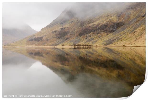 Moody Reflections of Loch Achtriochtan Print by Mark Greenwood